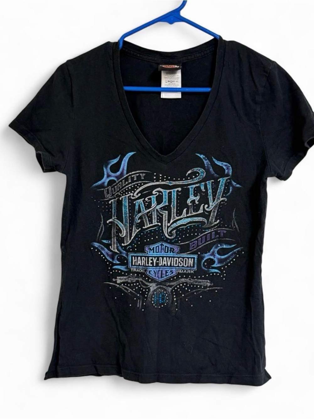 Harley-Davidson Black V-Neck Tee with Blue Flame Graphic